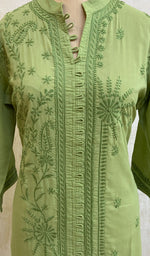 将图像加载到图库查看器中， Women&#39;s Lucknowi Handcrafted Green Cotton Chikankari Kurti - NC068808
