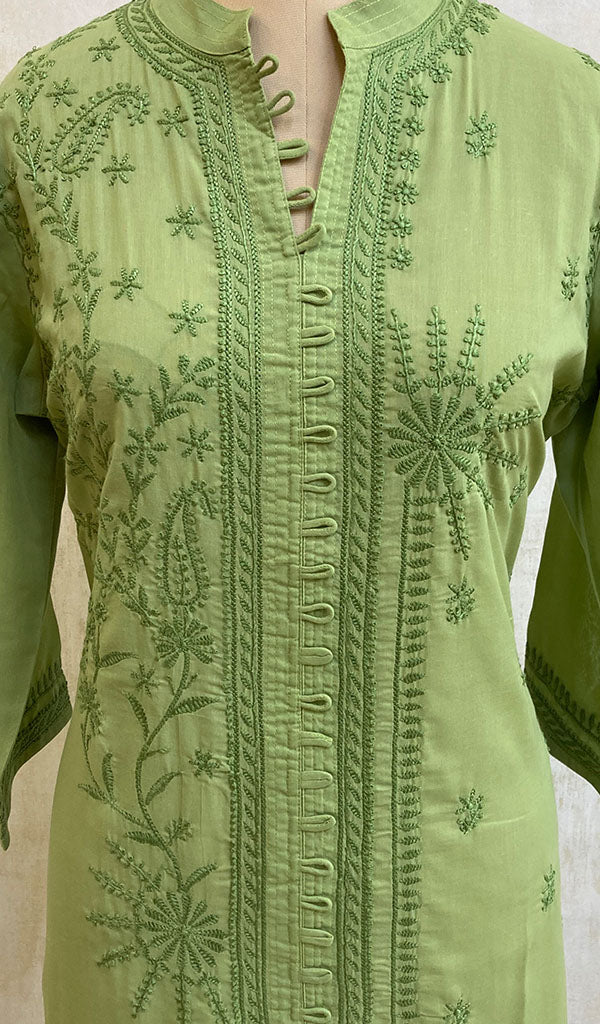 Women's Lucknowi Handcrafted Green Cotton Chikankari Kurti - NC068808