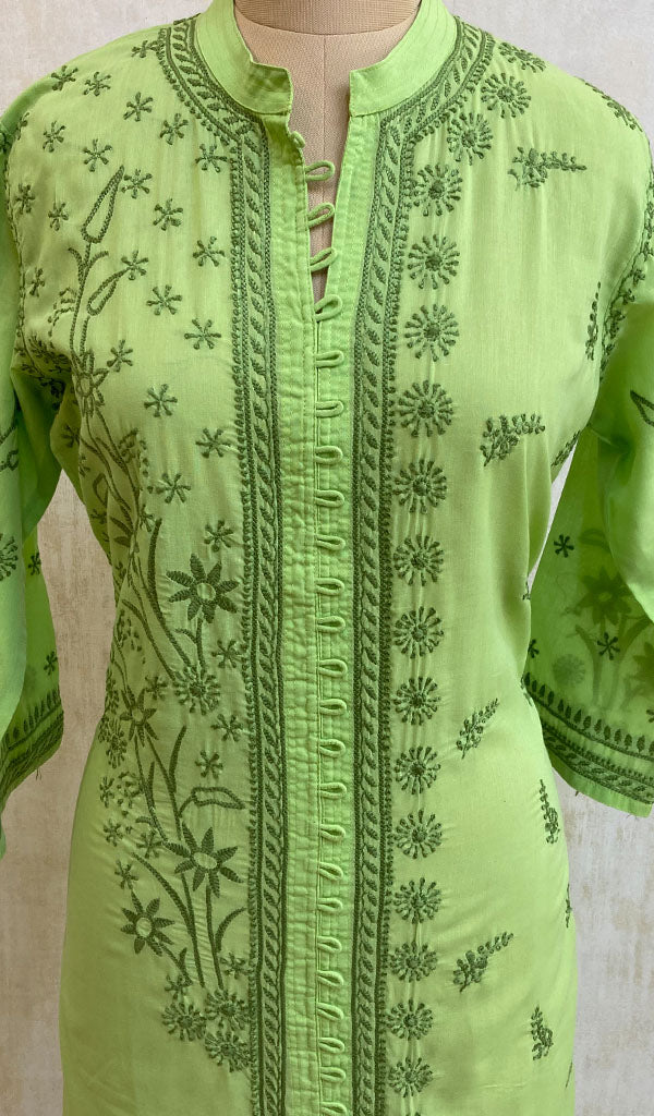 Women's Lakhnavi Handcrafted Green Cotton Chikankari Kurti - NC068809