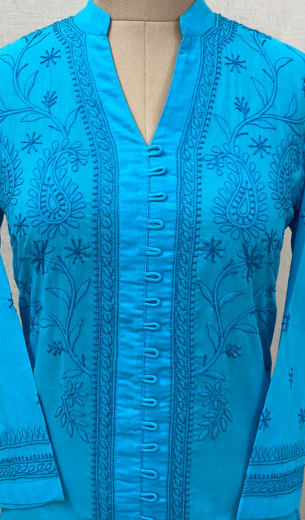 Women's Lakhnavi Handcrafted Turquoise Cotton Chikankari Kurti - NC068813