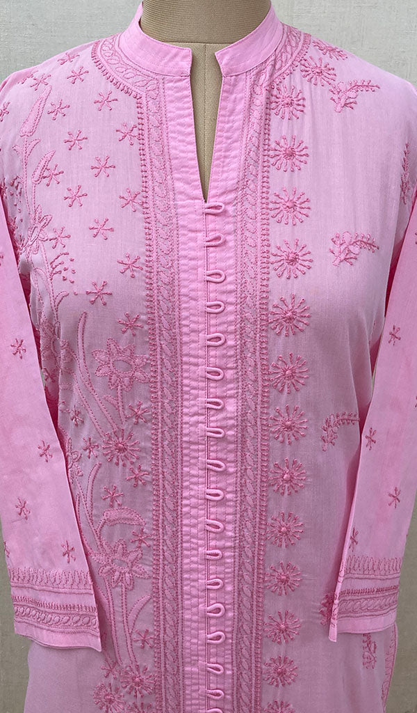 Lucknowi 手工制作的浅粉色棉质 Chikankari Kurti - NC068816