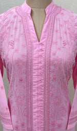 Load image into Gallery viewer, Women&#39;s Lucknowi Handcrafted Baby Pink Cotton Chikankari Kurti - NC068822
