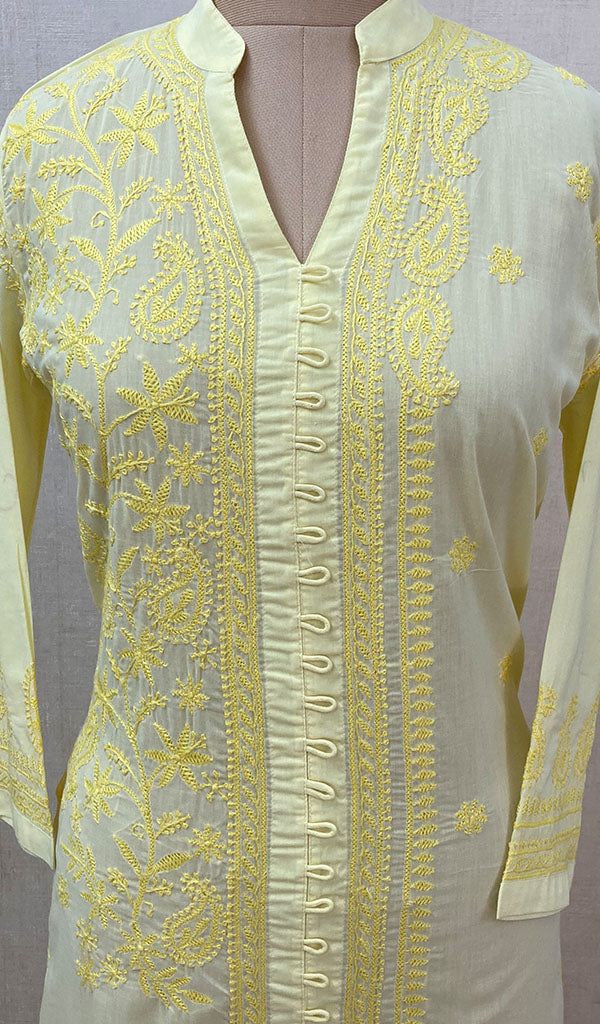 Women's Lakhnavi Handcrafted Light Yellow Cotton Chikankari Kurti - NC068827