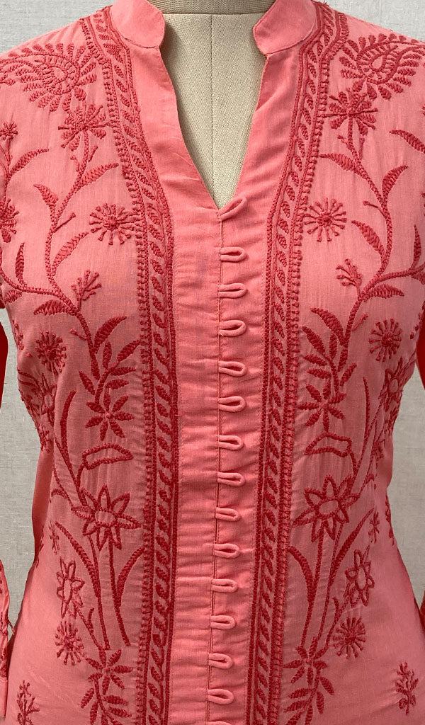 Women's Lakhnavi Handcrafted Pink Cotton Chikankari Kurti - NC068834