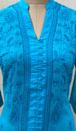 Load image into Gallery viewer, Women&#39;s Lucknowi Handcrafted Turquoise Cotton Chikankari Kurti - NC068840