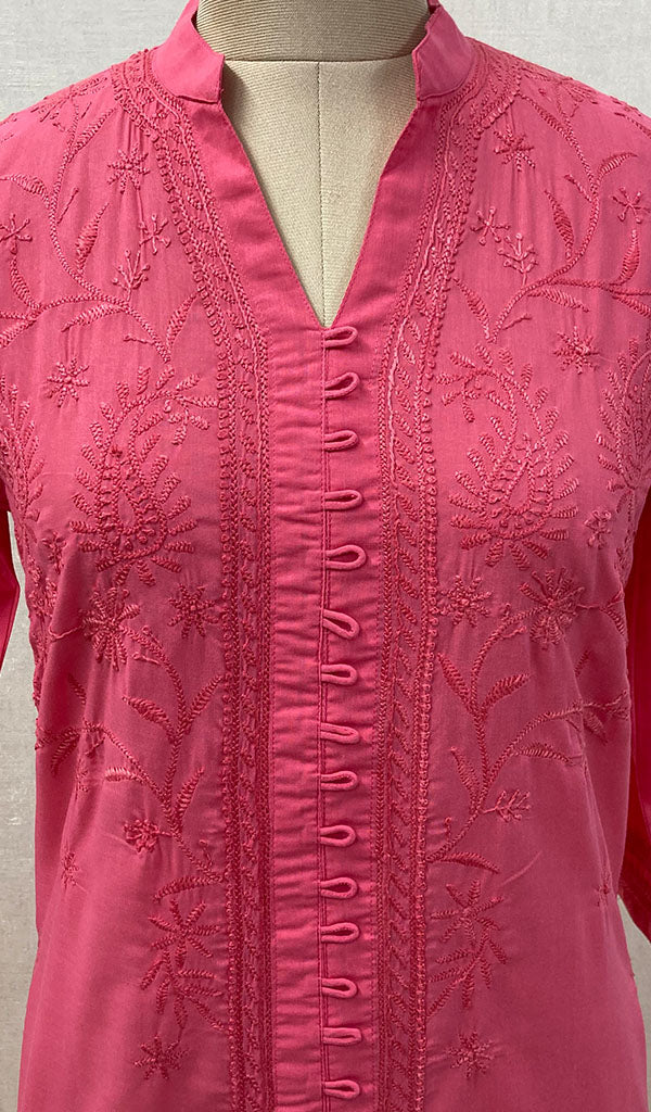 Women's Lakhnavi Handcrafted Coral Pink Cotton Chikankari Kurti - NC068841