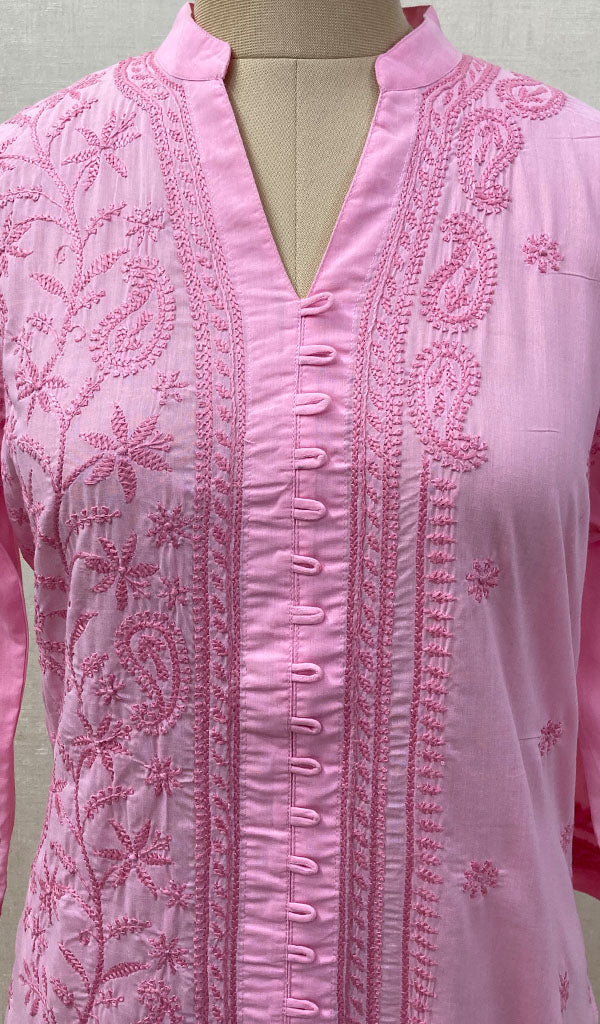 Women's Lakhnavi Handcrafted Baby Pink Cotton Chikankari Kurti - NC068851
