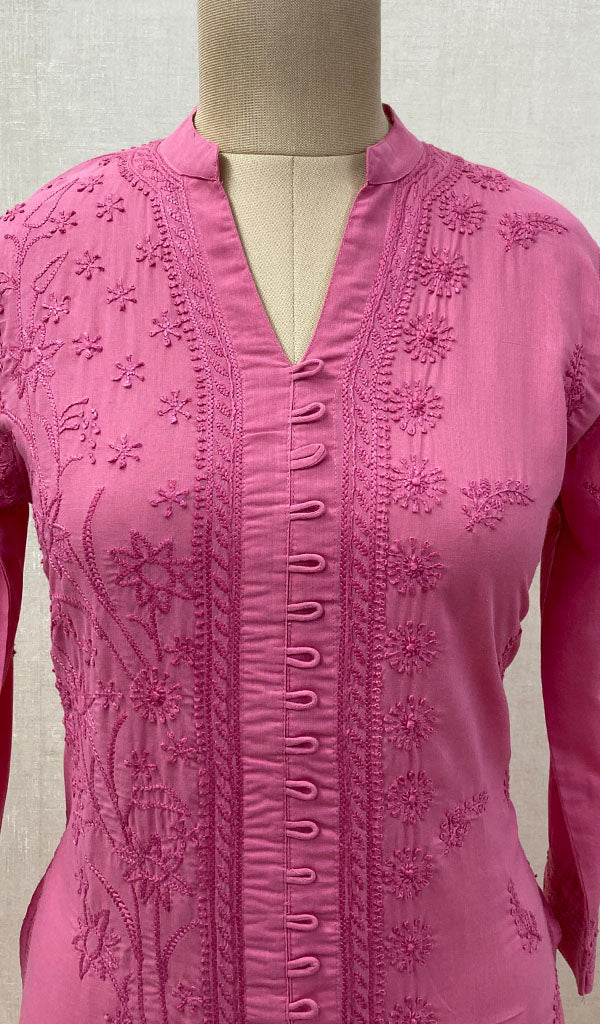 Women's Lucknowi Handcrafted Dark Pink Cotton Chikankari Kurti - NC068855