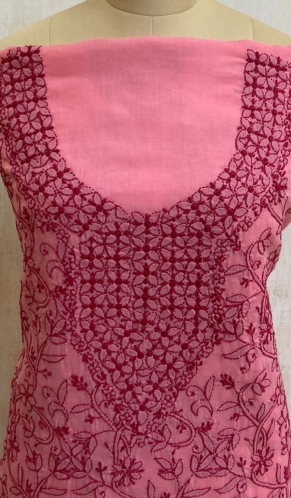 Women's Lakhnavi Handcrafted Pink Cotton Chikankari Suit Material- Nc072506