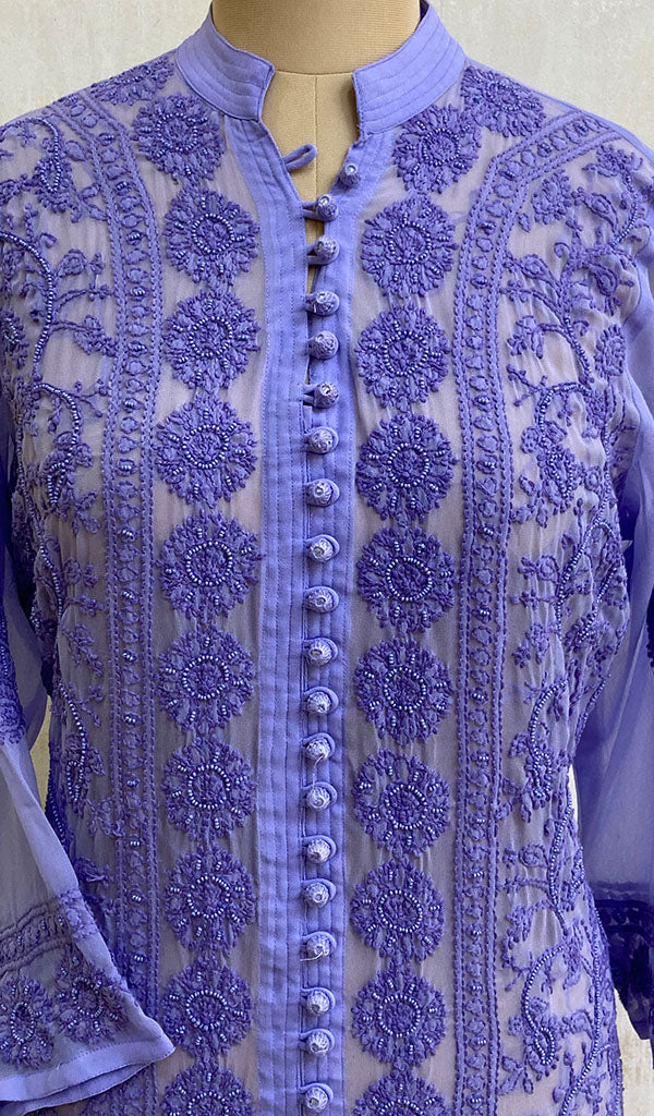 Women's Lakhnavi Handcrafted Wild Blue Faux-Georgette Chikankari Dress - NC073310
