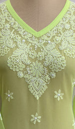 Load image into Gallery viewer, Women&#39;s Lakhnavi Handcrafted Green Faux-Georgette Chikankari Top - NC073576
