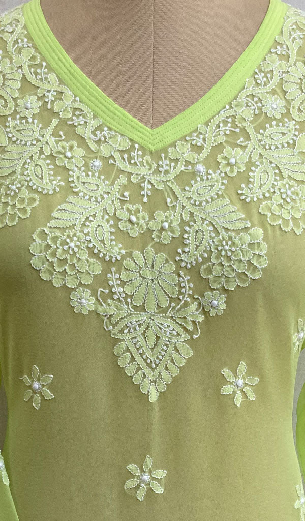 Women's Lakhnavi Handcrafted Green Faux-Georgette Chikankari Top - NC073576