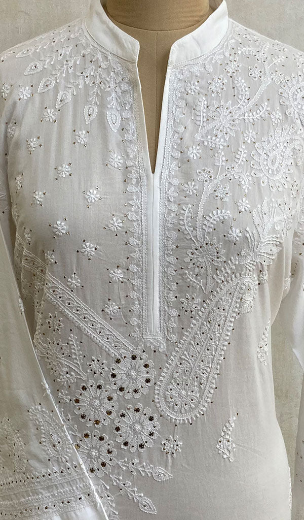 Lucknowi Chikankari Cotton Kurti Kurta for Women, White Net Embroidery  Dress Top | eBay