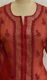 Load image into Gallery viewer, Women&#39;s Lakhnavi Handcrafted Red Organza Chikankari Kurti - NC075881
