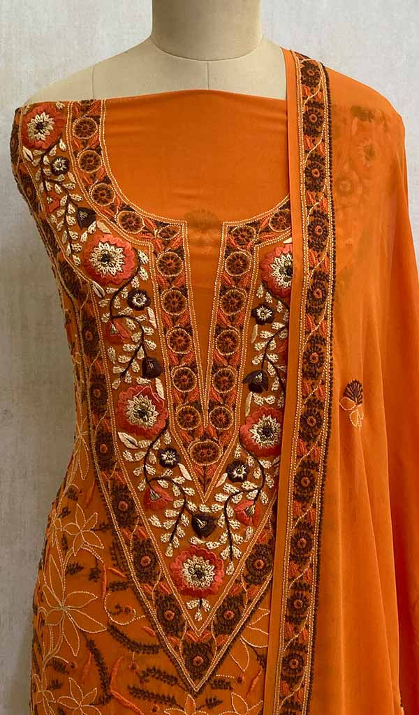Women's Lakhnavi Handcrafted Pure Silk Georgette Chikankari Suit Material - NC023442