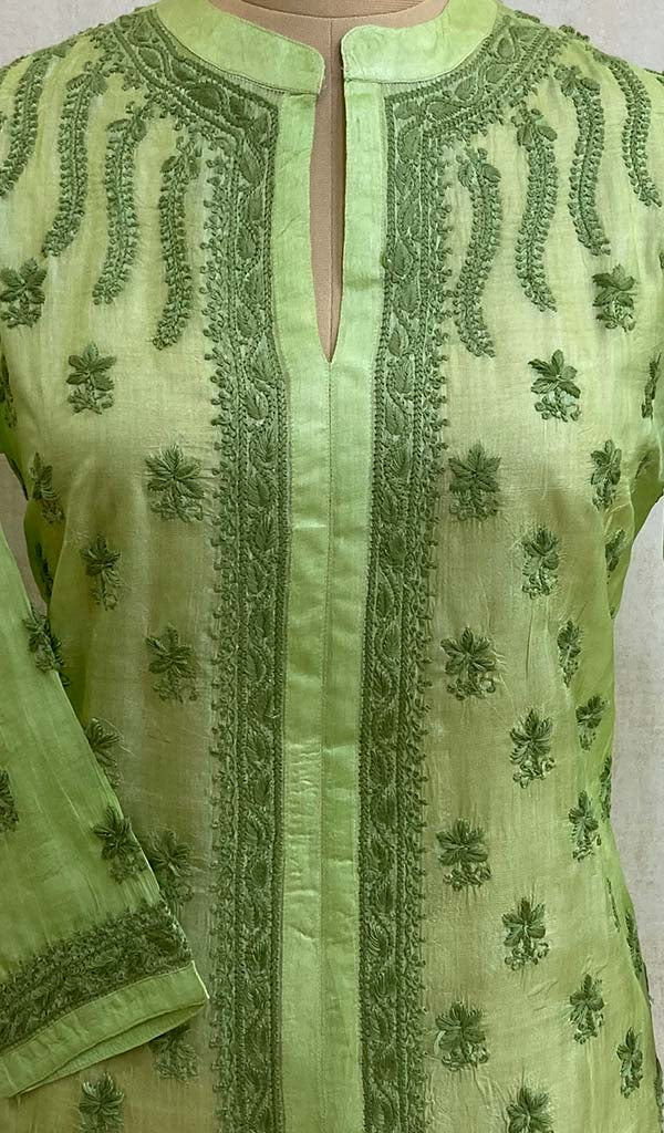Women's Lakhnavi Handcrafted Light Green Tussar Silk Chikankari Top - HONC03074