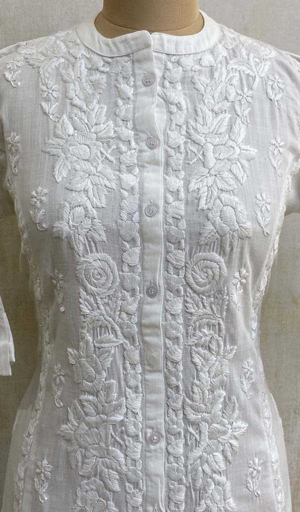 Women's Lakhnavi Handcrafted White Linen Cotton Chikankari Kurti - HONC06902