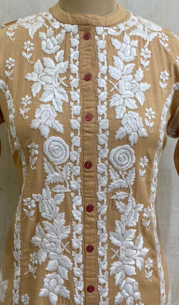 Women's Lakhnavi Handcrafted Beige Linen Cotton Chikankari Kurti - HONC011138