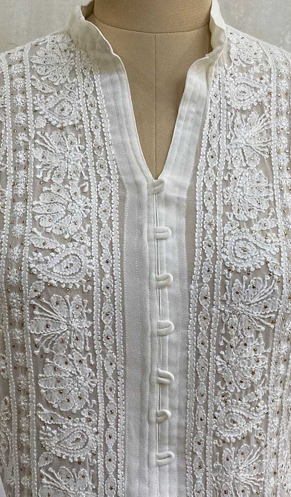 Women's Lakhnavi Handcrafted White Faux-Georgette Chikankari Dress - HONC011170