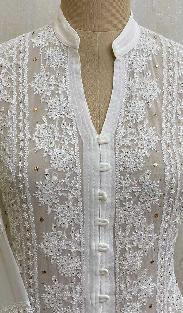 Women's Lakhnavi Handcrafted White Faux-Georgette Chikankari Dress - HONC011155