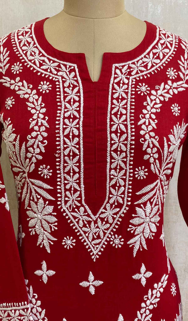 Women's Lucknowi Handcrafted Red Cotton Chikankari Kurti - HONC020836