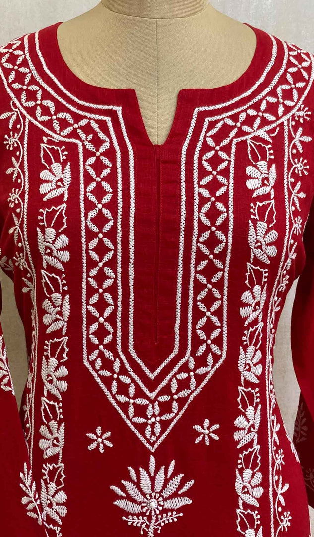 Women's Lakhnavi Handcrafted Red Cotton Chikankari Kurti - HONC020795