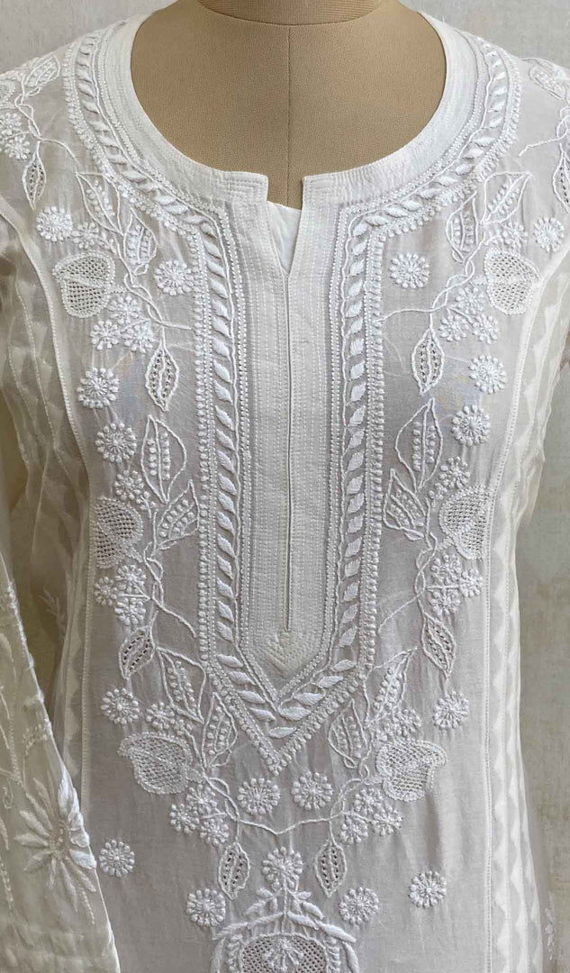 Women's Lucknowi Handcrafted Off White Chanderi Silk Chikankari Kurti - HONC021206