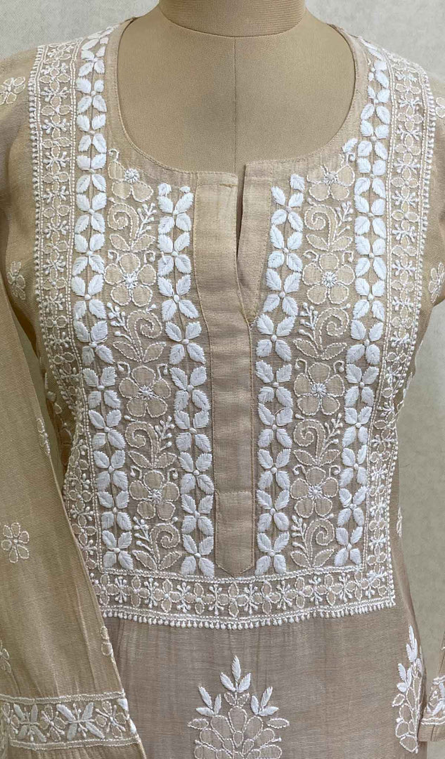 Women's Lakhnavi Handcrafted Beige Tissue Chanderi Chikankari Kurti - HONC027518