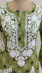 Load image into Gallery viewer, Women&#39;s Lakhnavi Handcrafted Printed Green Cotton Chikankari Kurti - HONC028347