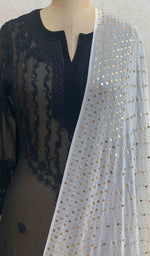 将图像加载到图库查看器中， Lucknowi 手工纯丝乔其纱 Chikankari Dupatta - HONC03797
