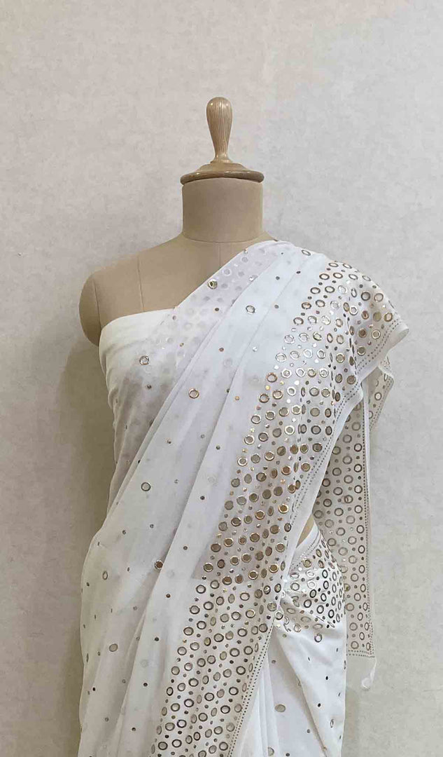 Women's Lucknowi Handcrafted Pure Silk Georgette Chikankari Saree - HONC037893