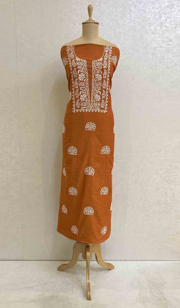 Women's Lakhnavi Handcrafted Chanderi Silk Chikankari Unstitched Kurti Fabric - Honc054034