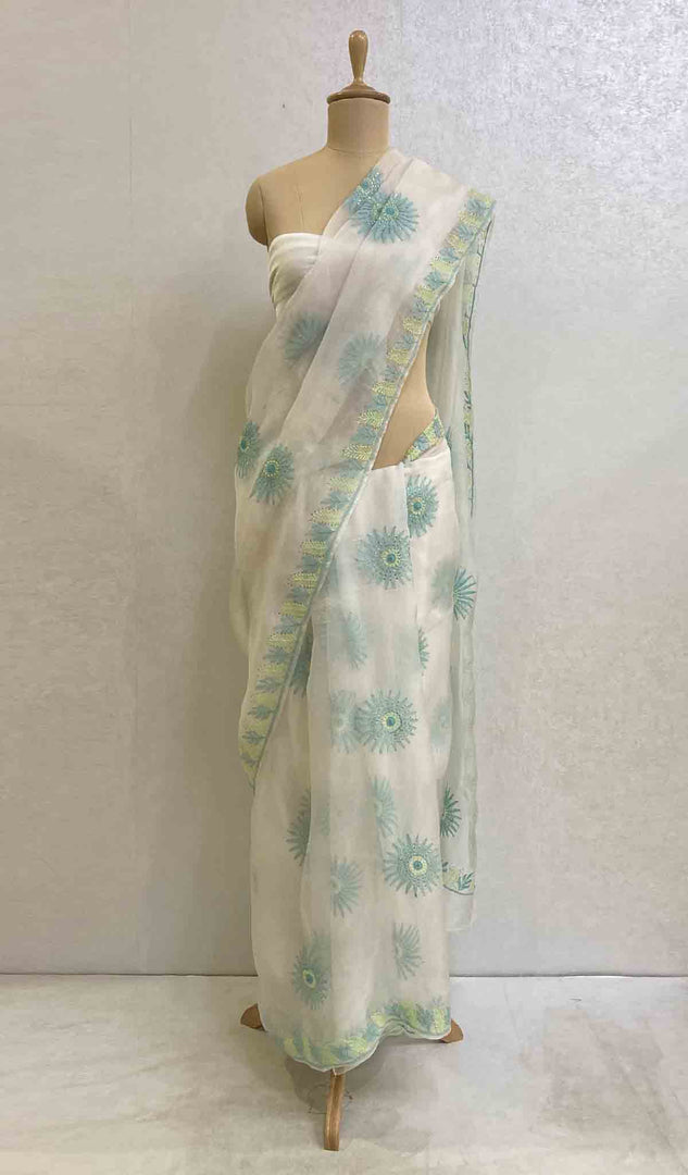 Women's Lucknowi Handcrafted Pure Organza Silk Chikankari Saree - HONC043408