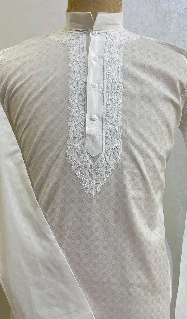 Men's Lucknowi Handcrafted Cotton Chikankari Kurta - HONC072366