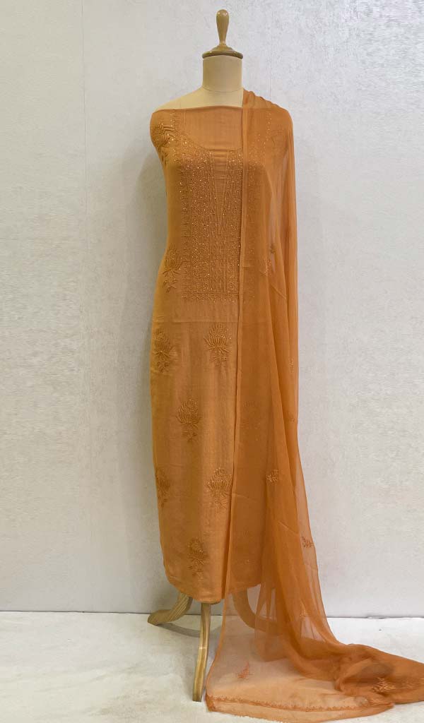 Lakhnavi 手工制作的棉质 Chikankari Kurta 带 Dupatta 面料 - HONC067899