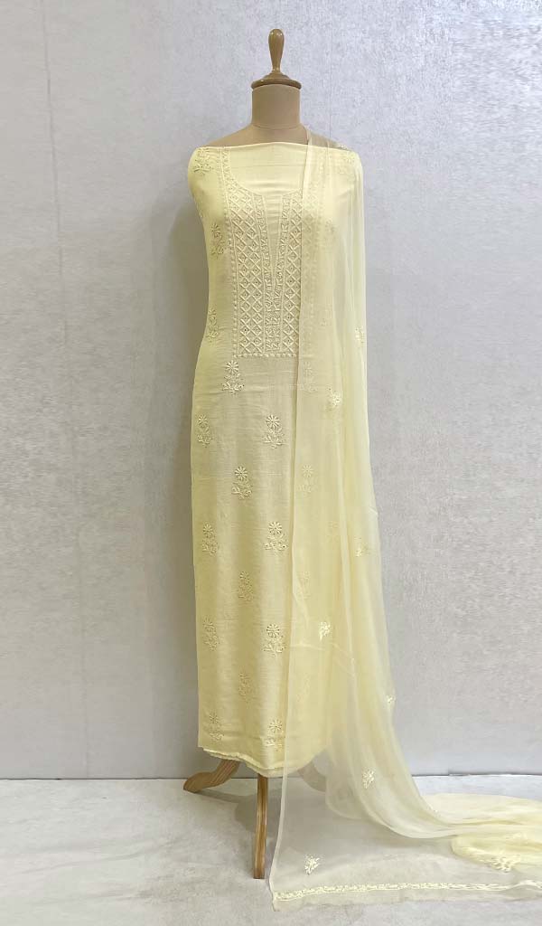 Lucknowi 手工制作亚麻棉 Chikankari Kurta 带雪纺 Dupatta 套装 - HONC067900