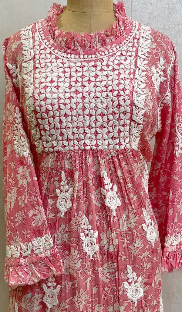 Women's Lakhnavi Handcrafted Printed Mulmul Cotton Chikankari Top - HONC079855