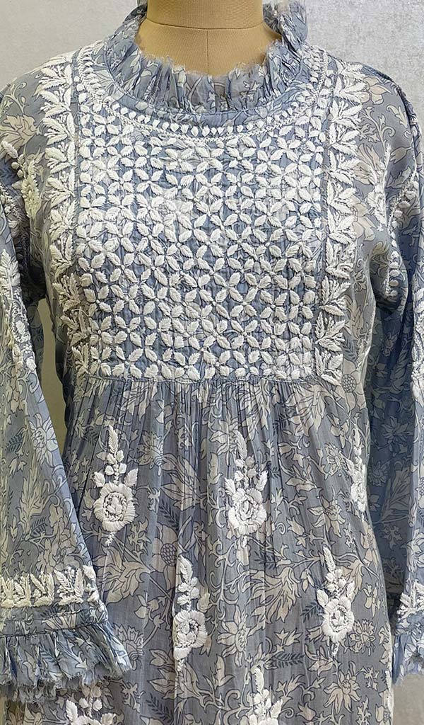 Women's Lakhnavi Handcrafted Printed Mulmul Cotton Chikankari Top - HONC079892