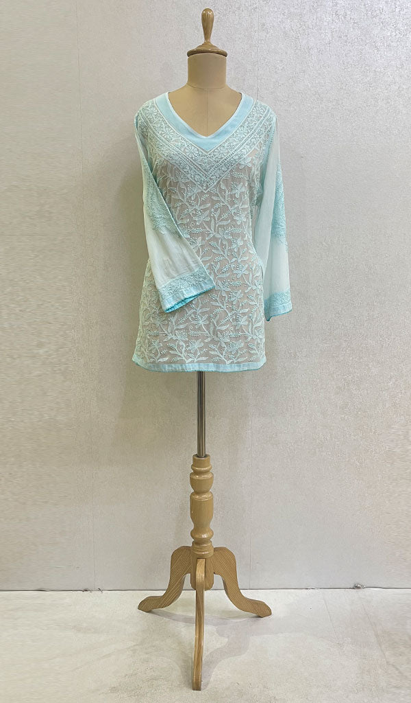 Women's Lakhnavi Handcrafted Pure Silk Georgette Chikankari Top - HONC074806