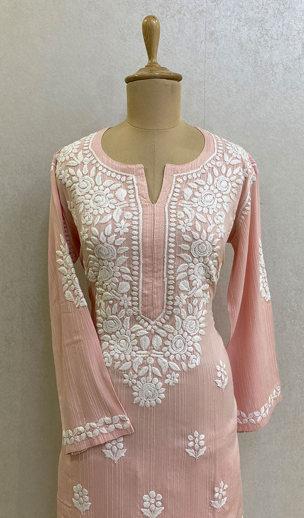 Lakhnavi 手工莫代尔棉 Chikankari 库尔塔和宫殿套装 - HONC096229