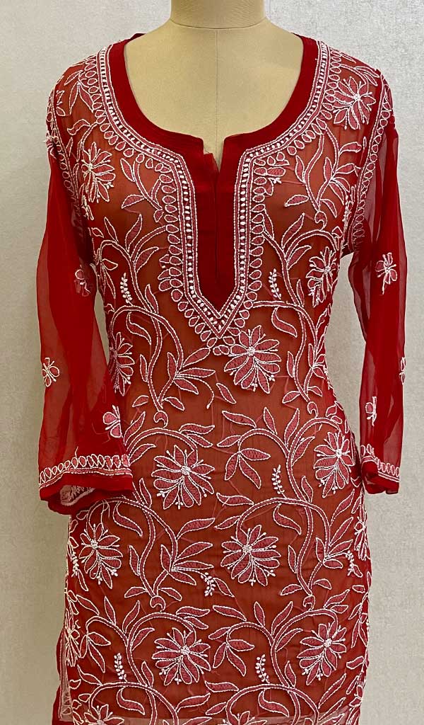 Women's Lakhnavi Handcrafted  Faux-Georgette Chikankari Top - HONC093092