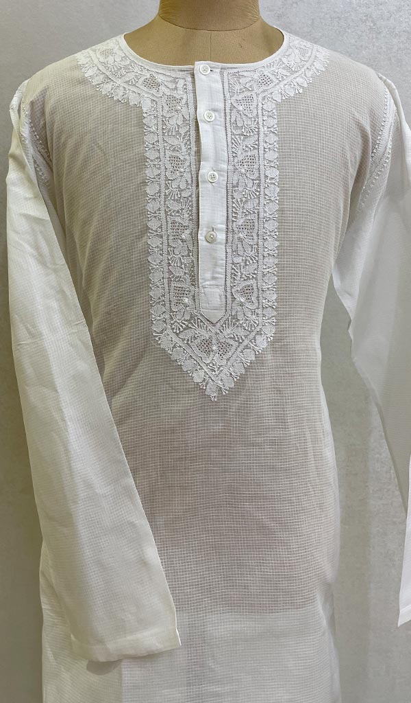 Men's Lucknowi Handcrafted Cotton Chikankari Kurta - HONC078950