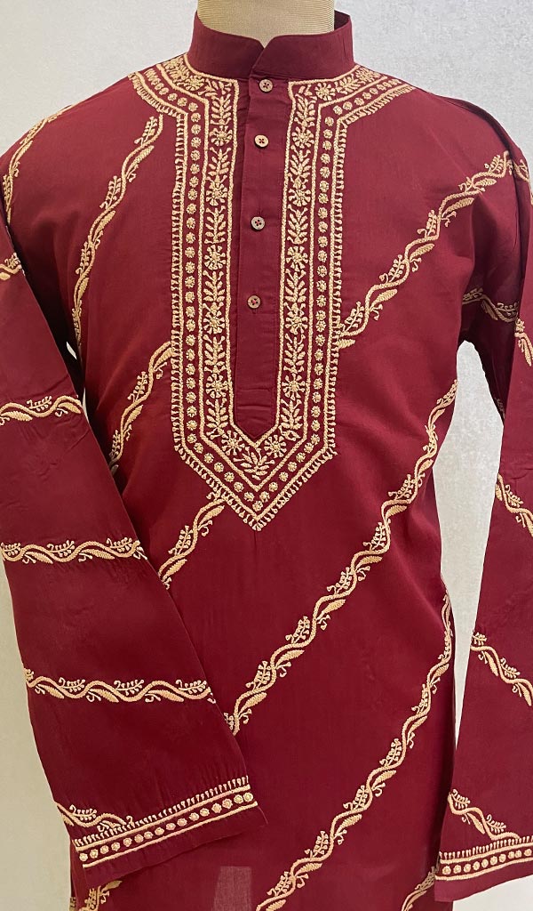 Men's Lucknowi Handcrafted Cotton Chikankari Kurta - HONC085883