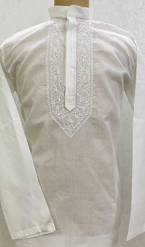 Men's Lucknowi Handcrafted Cotton Chikankari Kurta - HONC098950