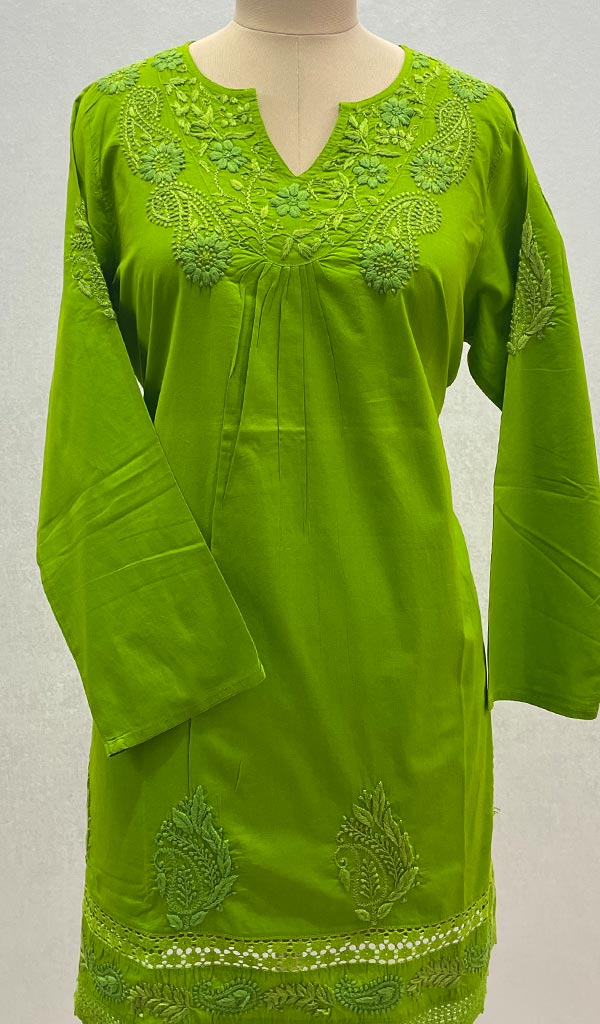 Lucknowi 手工制作的棉质 Chikankari 上衣 - HONC099169