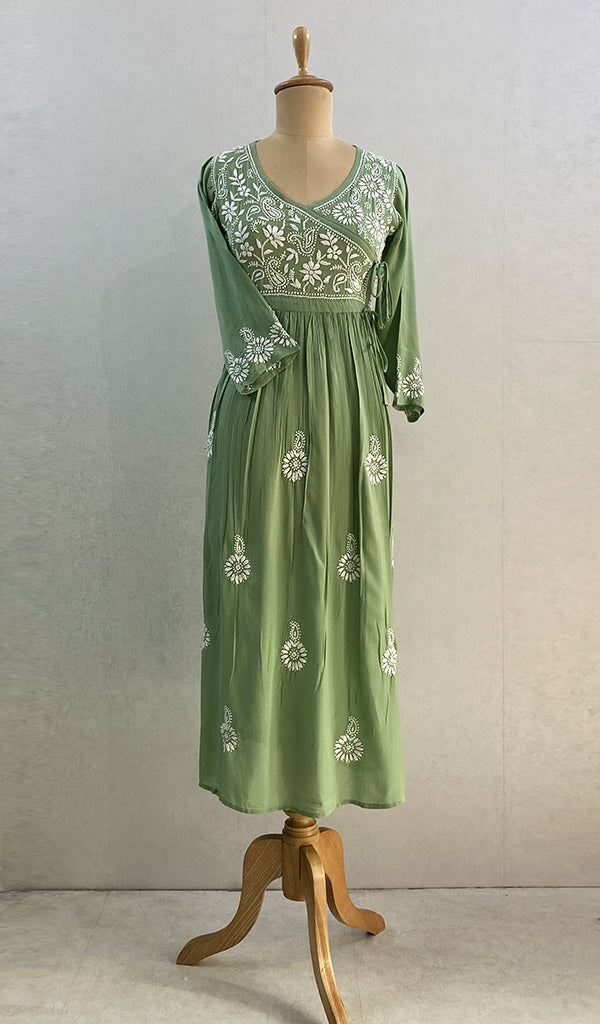 Women's Lucknowi Handcrafted Modal Cotton Chikankari Angrakha Dress - HONC0102854