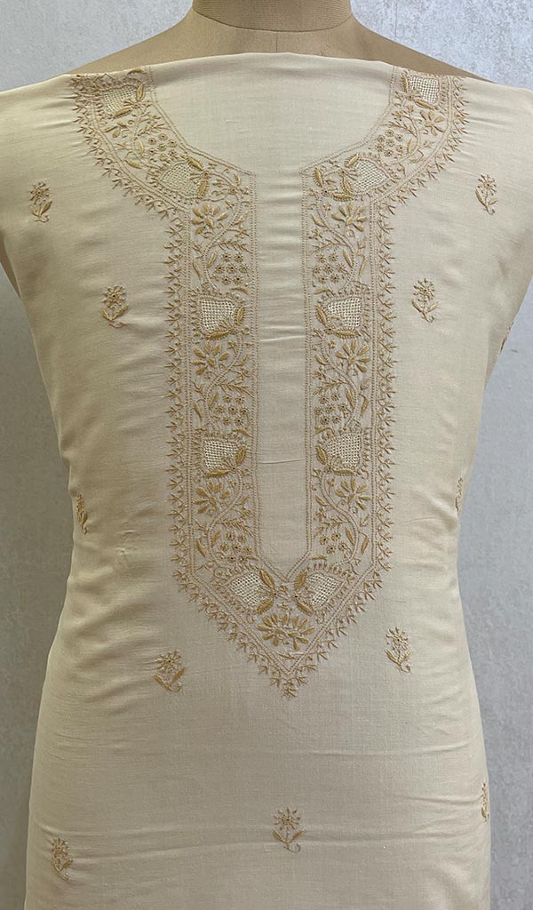 Lucknowi Handcrafted Munga Silk Chikankari Unstitched Men's Kurta Fabric - HONC0104209