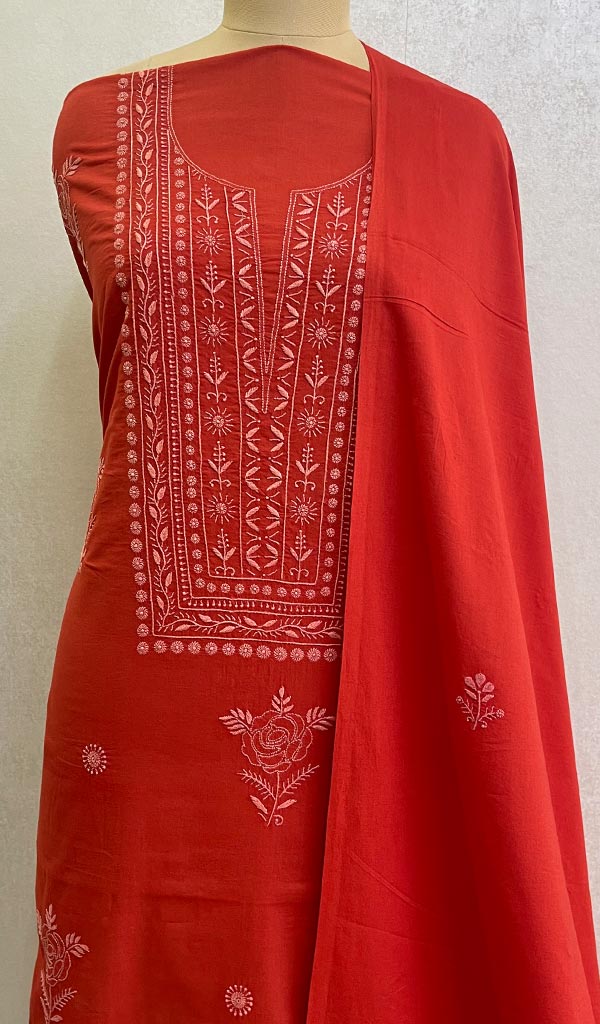 لکھنوی ہاتھ سے تیار کردہ مول کاٹن چکنکاری مکمل سوٹ میٹریل - HONC0113341