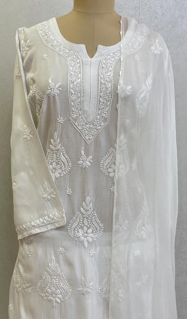 Women's Lucknowi Handcrafted  Muslin Chikankari Kurta Gharara With Chiffon Dupatta Set  - HONC0125245
