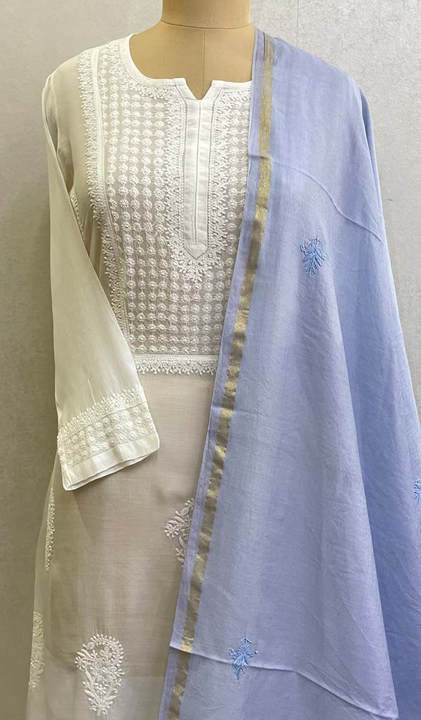 Lakhnavi 手工制作 Chanderi 丝绸 Chikankari Dupatta - Honc0124425